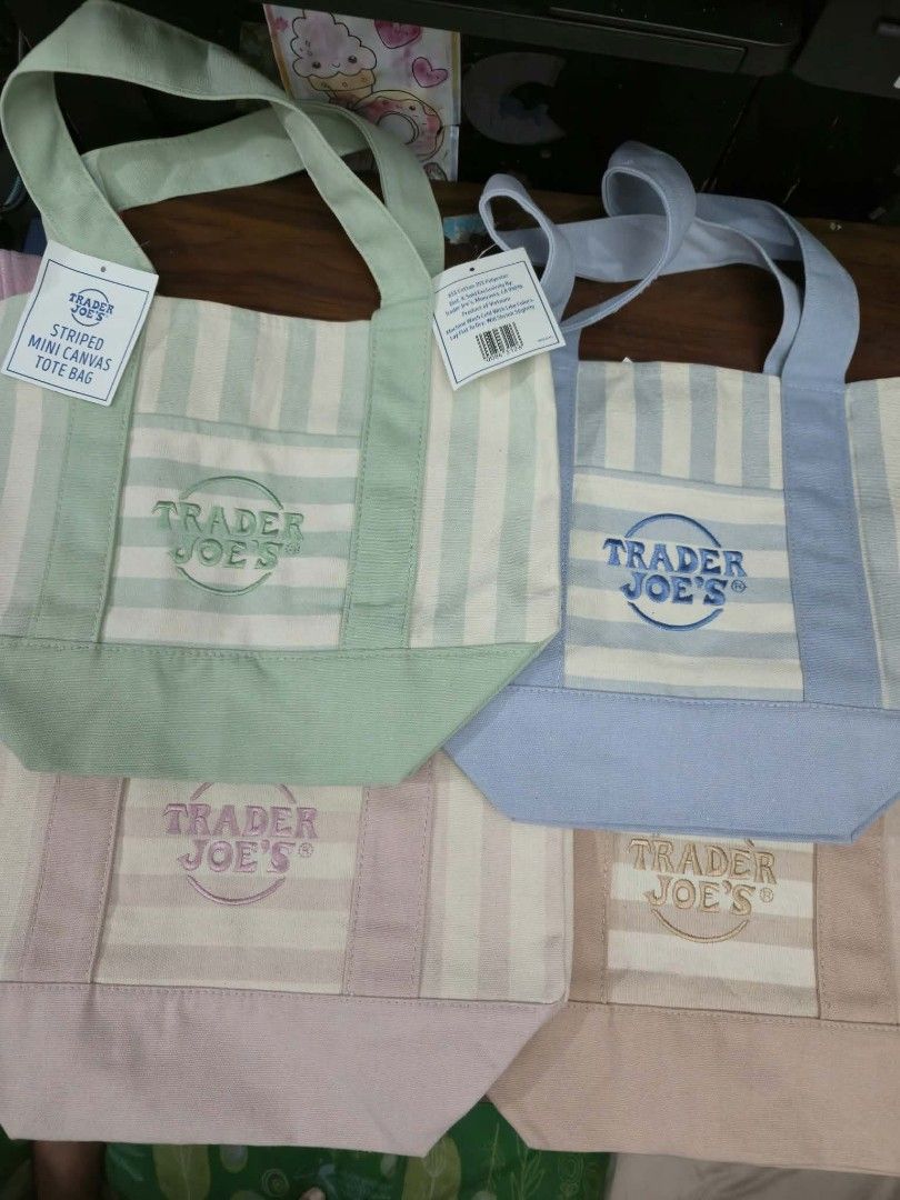 Authentic Trader Joe's Striped Mini Canvas Tote Bag (Category: Tote Bags) located in Quezon City. Submitted by chicklet19 (Listing ID 1464753880, Image 1). Description: brandnew and authentic with tag mini pastel tote bag 550pesos each fresh from US balikbayan box maganda pang porma, pang regalo, or pangharabas onhand and ready for pick up or shipping available colors for striped (green, blue, pink, tan) plain (green, blue, purple) pick up at wel