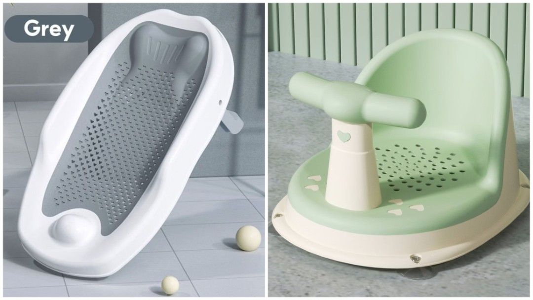 Baby Bath Tub and Supporting Bath Seat Set (Category: Bathtub & Bath Accessories) located in Antipolo. Submitted by tnskbl (Listing ID 1464708986, Image 1). Description: - Color: White tub with grey non-slip mat; green and beige bath seat - Material: Durable, high-quality plastic - Design: Slanted tub for comfortable bathing - Seat Features: Secure grab handle, high backrest, and bottom suction cups - Set Includes: 1 baby bath tub and 1 matching 