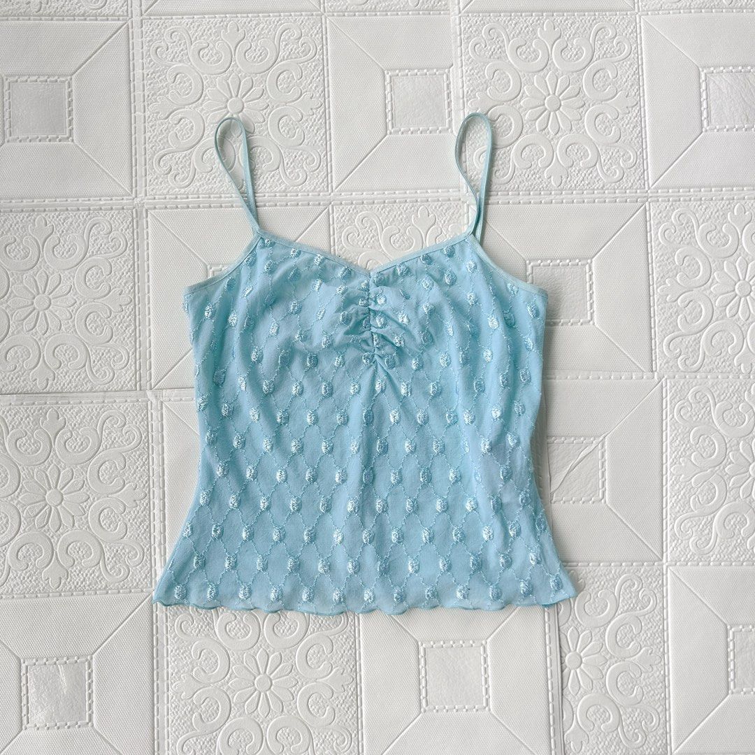Baby Blue Ruched Mesh Cami Top (Category: Sleeveless) located in Baguio. Submitted by icandy.collects (Listing ID 1464573467, Image 1). Description: Y2k mesh semi seethrough cami -cropped -no w xs-m.