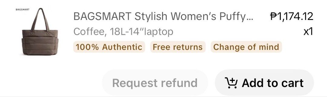 BAGSMART Puffy Tote Bag (Category: Tote Bags) located in Lipa City. Submitted by cess.declutter (Listing ID 1463182256, Image 3). Description: rfs: tote bags is not for me comes w the ribbon keychain na used once size: 18L-14” Laptop.