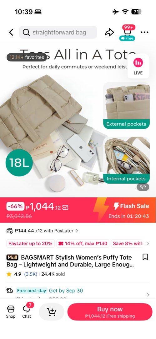 BAGSMART Puffy Tote Bag (Category: Tote Bags) located in Lipa City. Submitted by cess.declutter (Listing ID 1463182256, Image 2). Description: rfs: tote bags is not for me comes w the ribbon keychain na used once size: 18L-14” Laptop.