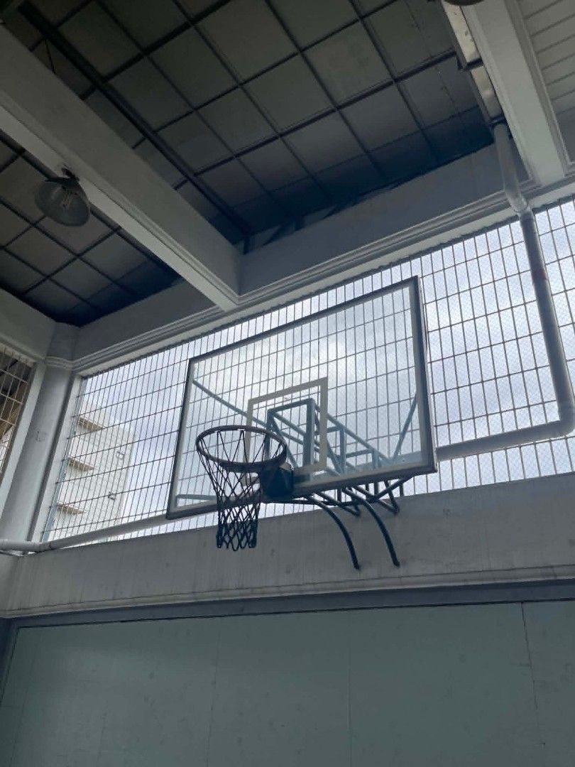 Basketball Backboard with Hoop and Pole (Category: Racket and Ball Sports) located in Caloocan City. Submitted by jsntn (Listing ID 1464643336, Image 3). Description: - Glass backboard with white border and square - Includes basketball hoop - Suitable for outdoor or indoor courts - Ready for pickup.