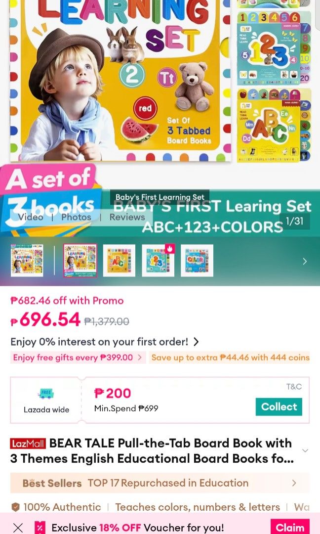 Bear Tale Baby's First Learning Set - Colors, ABC, Numbers (Category: Children's Books) located in Caloocan City. Submitted by carmelasfashiongallery (Listing ID 1464665354, Image 2). Description: - Set of 3 Bear Tale board books - Titles: 'Baby's First Learning Set', 'Colors Journey', and 'Numbers Journey' - Teaches: Alphabet, Colors, and Numbers - Features: Tabbable pages for easy page turning - Perfect for: Toddlers and Preschoolers.