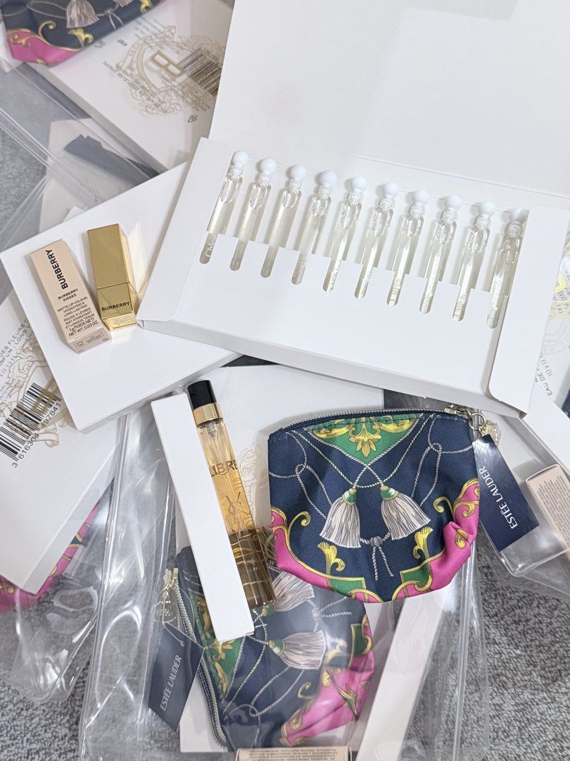 Beauty Set (Category: Makeup) located in San Juan City. Submitted by babapccd (Listing ID 1464753421, Image 1). Description: - 100% authentic luxury beauty bundle - Estée Lauder patterned cosmetic pouches (clean & unused) - YSL Libre perfume (brand new) - Burberry lipstick with original box - Chloe 4ML fragrance sample vials in a white presentation box - Perfect gift idea or starter set - Excellent value for multiple luxury items.