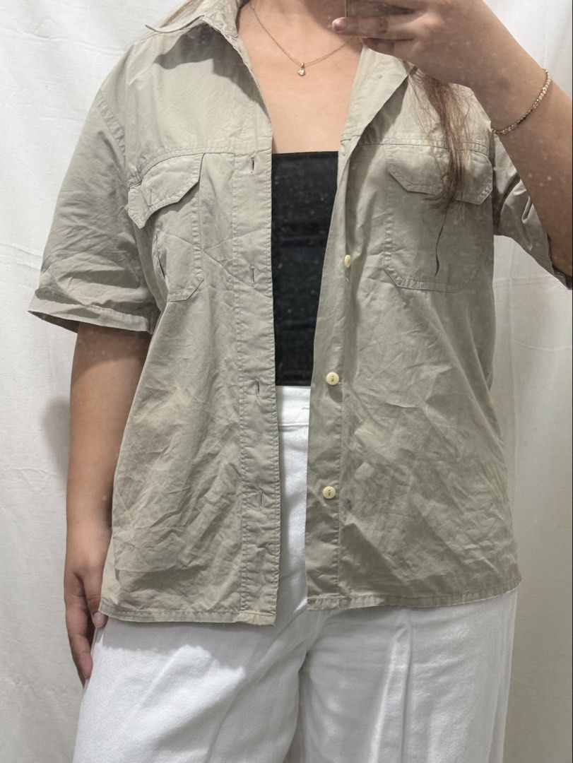 Beige Short Sleeve Button Up Shirt with Pockets (Category: Shirts) located in Manila. Submitted by halsea (Listing ID 1464699308, Image 1). Description: for baggy fit - med to large for normal fit - xl with issues in the sleeves but not noticeable when worn model: l-xl .