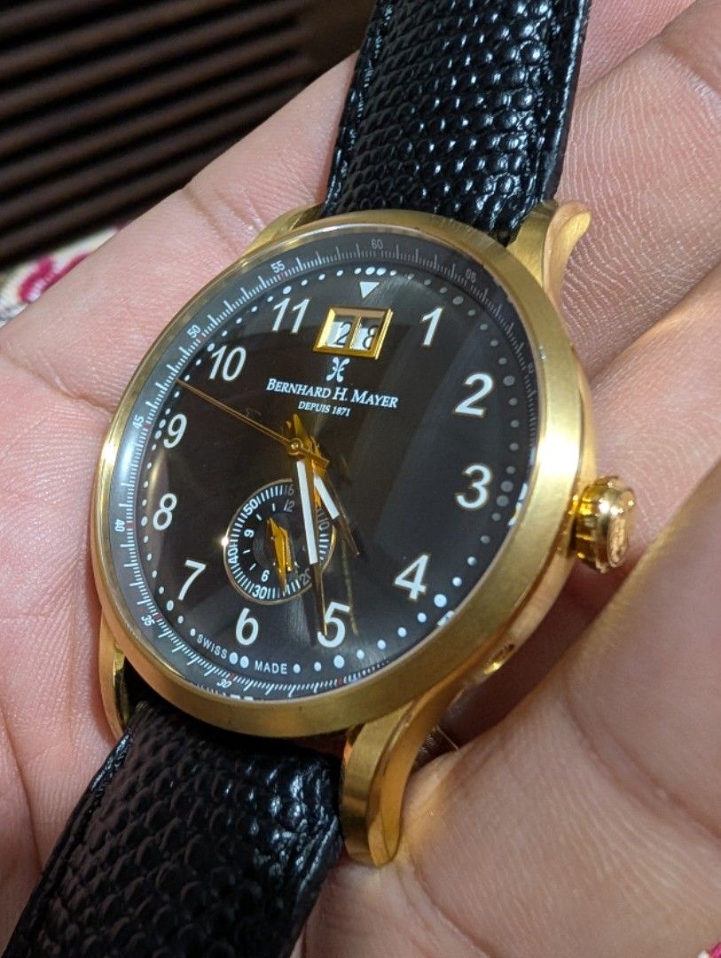 Bernhard Mayer Dual Time Men's Watch (Category: Men's Watches) located in Makati City. Submitted by greatbuysmnl (Listing ID 1464645013, Image 2). Description: Bernhard H. Mayer Men's Watch Dual Time Date Watch Quartz case 45 mm with crown Sapphire glass Swiss made Black genuine leather strap (Italy) in Excellent condition.
