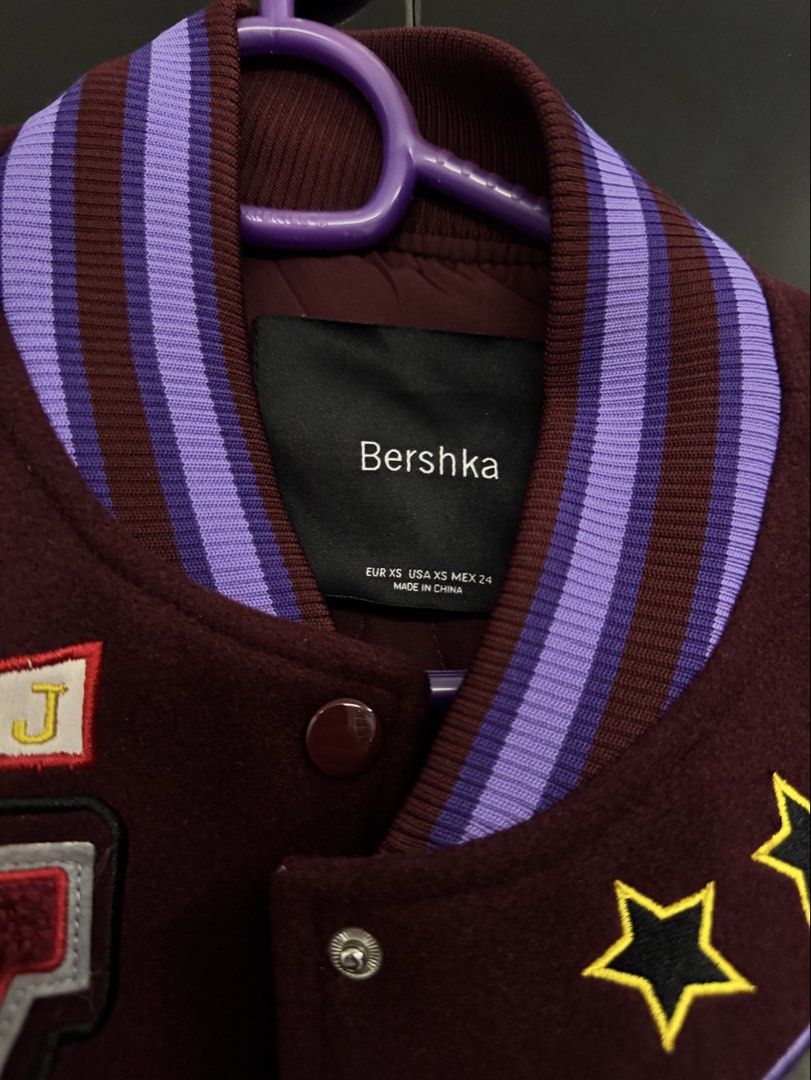 Bershka Violet Varsity Jacket (Category: Coats, Jackets and Outerwear) located in Manila. Submitted by coolgirlscorner (Listing ID 1464705057, Image 2). Description: -10/10 perfect condition - never worn and bought this for ₱5k in Mall of Asia - rfs: i have too many jackets - size xs but can fit into large because it’s oversized shipping and purchase details: - first to pay gets the item - mop: gcash - mod: lalamove and j&t - sure buyers only .
