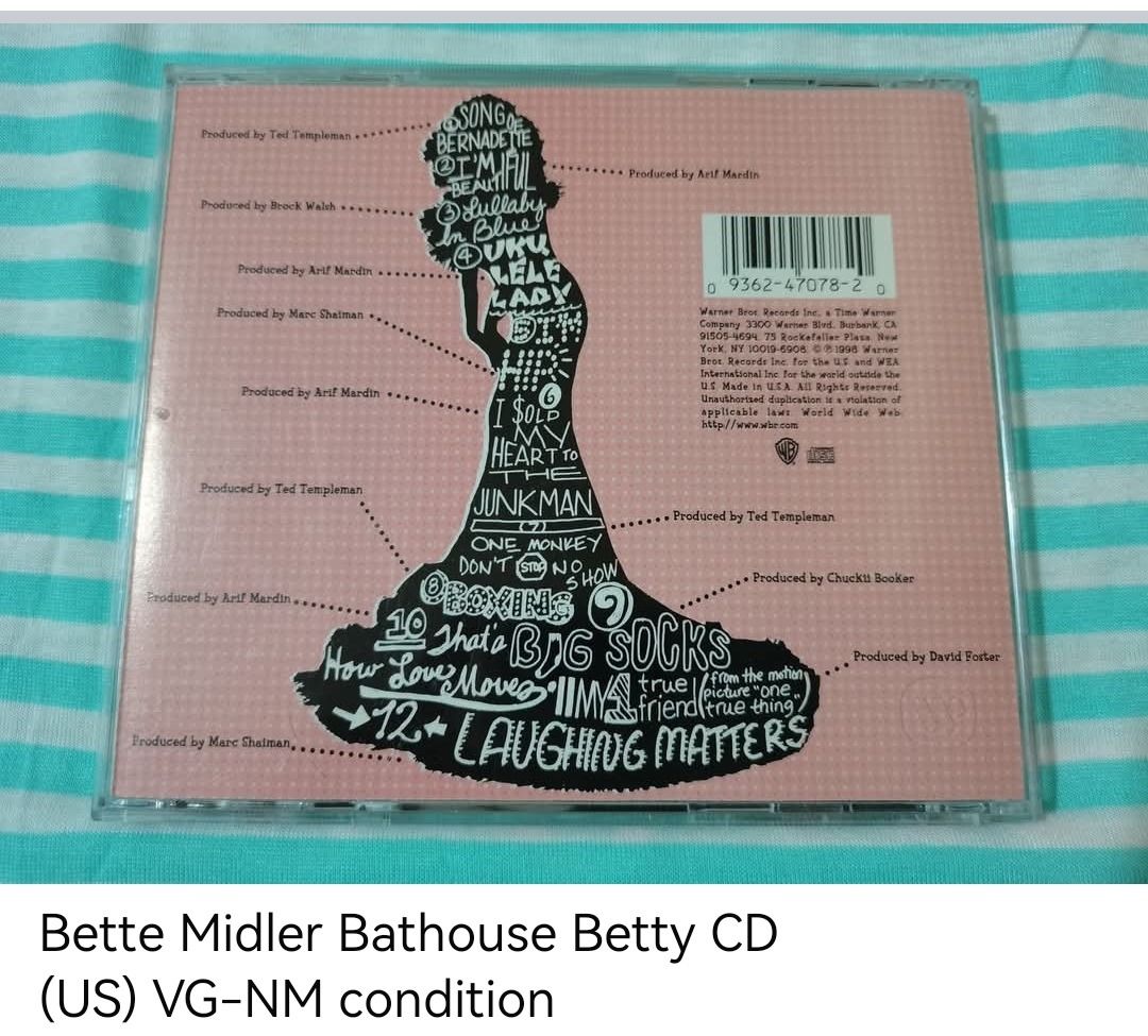 Bette Midler Bathouse Betty CD (unsealed) (Category: CDs & DVDs) located in Dangcagan. Submitted by cd_haven5 (Listing ID 1464611264, Image 2). Description: #FORSALE #FORSALE #FORSALE #Authentic #Legit #Original We only sell original items. All items posted are on hand. Please message me for availability of the item/s because the items are also posted on my other online stores. All items are imported unless stated PH. We also accept Pre-orders. P