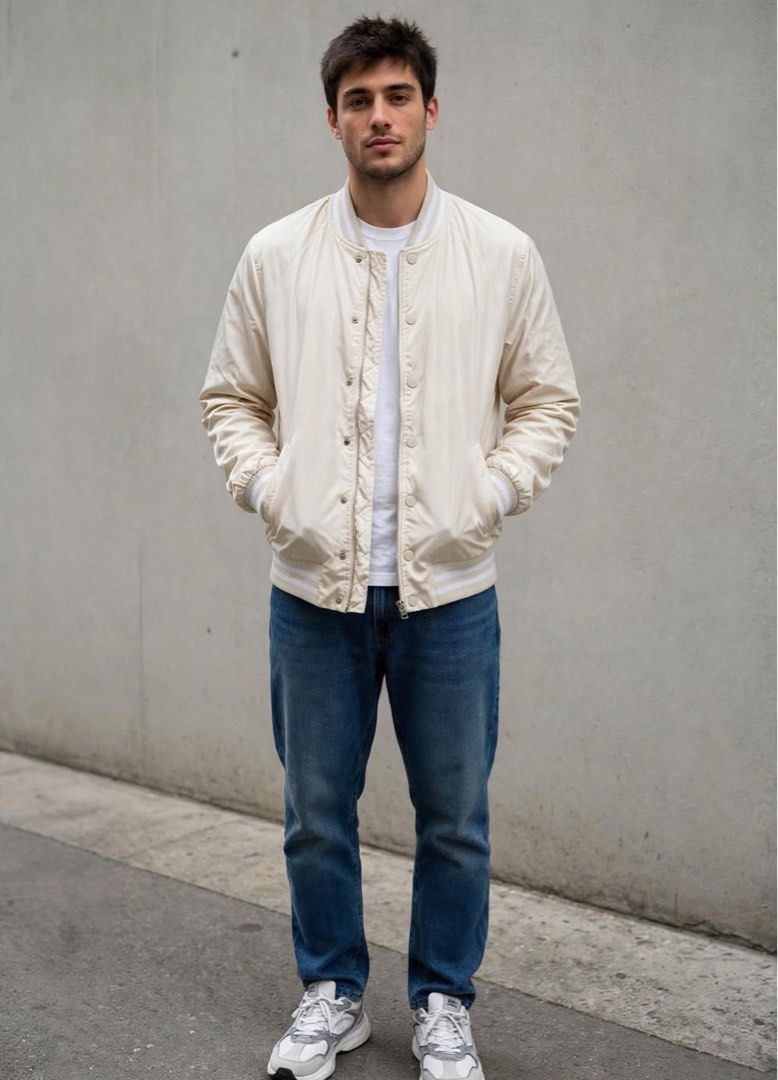 BIK BOK Cream Striped Collar Snap button Bomber Jacket (Category: Coats, Jackets and Outerwear) located in San Pedro. Submitted by lifebeginsaftercoff33 (Listing ID 1464585267, Image 1). Description: - Cream colored Snap button bomber jacket from BIK BOK - Can be unisex - Dimes: 22 x 25 in - Features a striped collar and cuffs - Button up front with pockets - Fully lined interior - Great for layering and easy to style for a casual look - Very sof