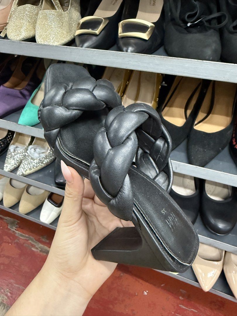 Black Braided Strappy Block Heel Sandals (Category: Heels) located in Manila. Submitted by fastlion.584bdf (Listing ID 1464736224, Image 1). Description: - Style: Slip-on open toe sandals with trendy black braided straps - Heel: Stable chunky block heel, comfortable for daily walking or going out - Size: 35 (marked on sole and insole) - Condition: Moderate wear visible on bottom treads from previous use - Perfect for: Casual days out, work, or we