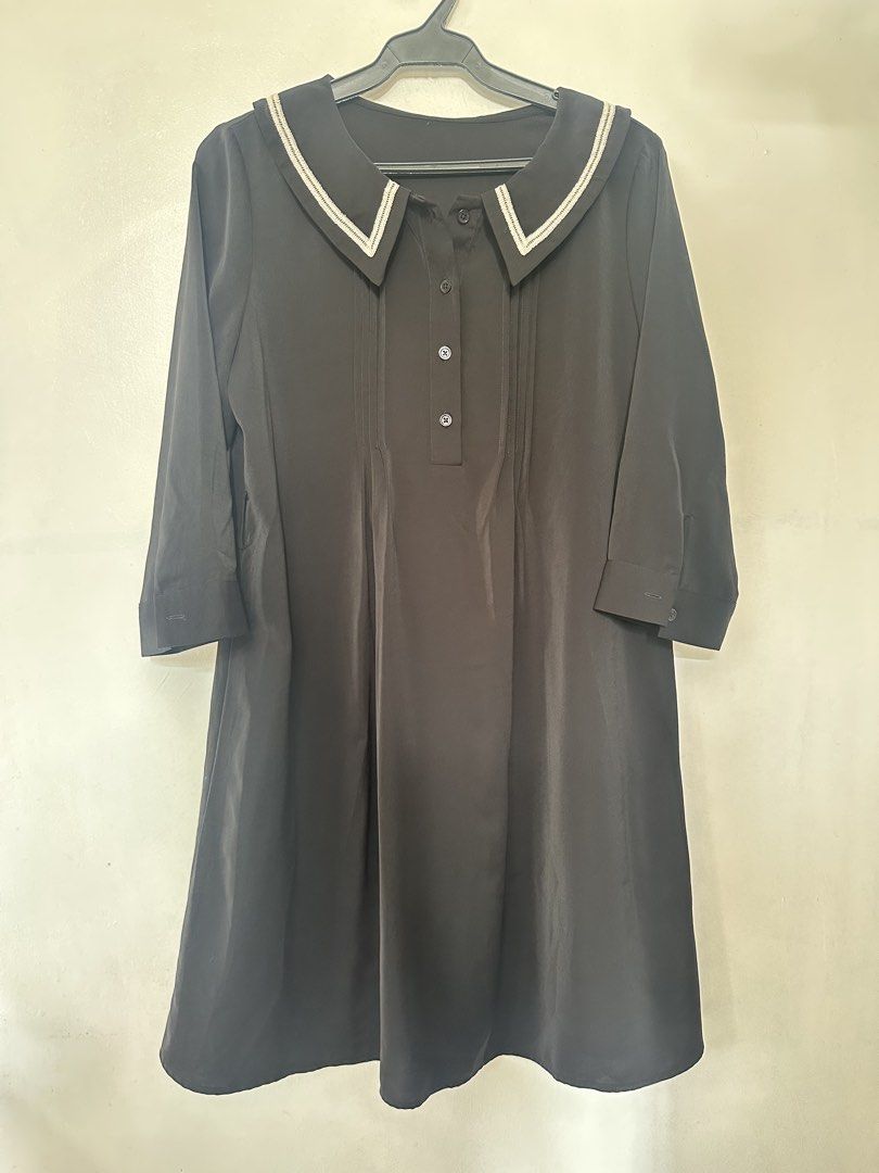 Black Dress with Sailor Collar (Category: Dresses) located in Taguig. Submitted by closetbyenya (Listing ID 1464633476, Image 1). Description: Description: Chic and timeless black dress featuring a classic contrast-trimmed sailor collar, front button placket, and fine vertical pin-tuck pleating along the chest! With 3/4 sleeves and a comfortable, relaxed A-line silhouette, it’s a versatile piece that easily transitions from modest workwear to coz
