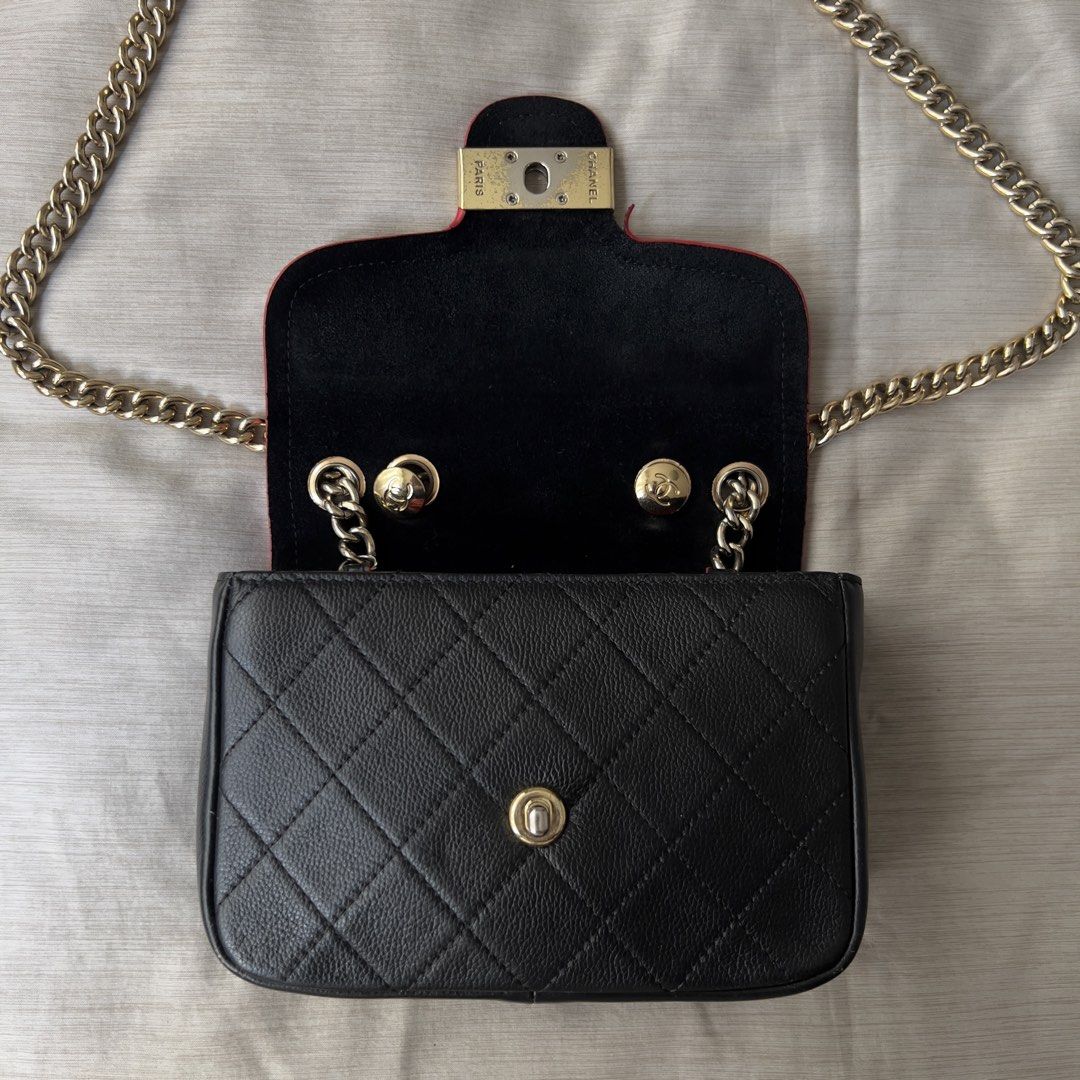 Black Quilted Leather Chain Bag with Red Trim (Category: Shoulder Bags) located in Pasig City. Submitted by jenscloset86 (Listing ID 1464668064, Image 2). Description: Measurement: Length: 8.5” Height: 6” Bottom width: 2.5” Strap: 40.5” • Soft and smooth leather • With visible damages (see photos for reference) •Cracking and detached red paint edges. • Need stitching in the lining. .