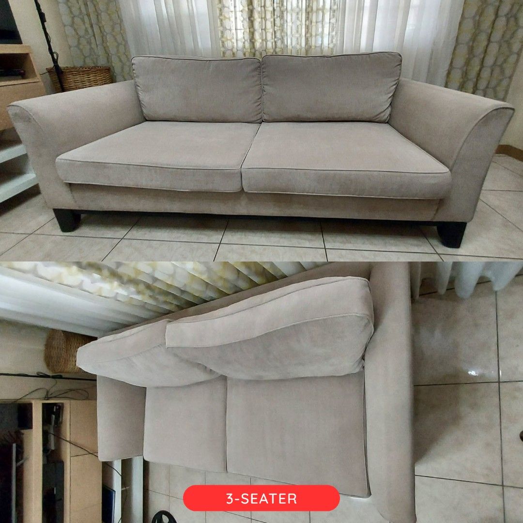 Blims Fabric 2-Seater and 3-Seater Sofa Set (Category: Sofas) located in Cavite. Submitted by rbdiaz (Listing ID 1464614262, Image 3). Description: - Set includes one 3-seater and one 2-seater sofa. - Color: Neutral Beige - 3-Seater Dimensions: 205cm (L) x 90cm (H) x 42cm (W) - 2-Seater Dimensions: 160cm (L) x 90cm (H) x 42cm (W) - Modern design with clean lines. - Comfortable cushions for a cozy feel. - Ideal for living rooms or lounges..