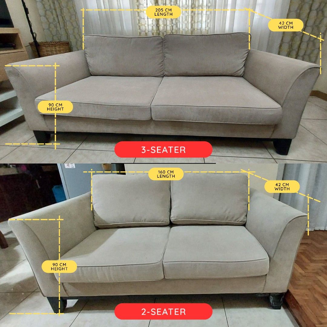 Blims Fabric 2-Seater and 3-Seater Sofa Set (Category: Sofas) located in Cavite. Submitted by rbdiaz (Listing ID 1464614262, Image 2). Description: - Set includes one 3-seater and one 2-seater sofa. - Color: Neutral Beige - 3-Seater Dimensions: 205cm (L) x 90cm (H) x 42cm (W) - 2-Seater Dimensions: 160cm (L) x 90cm (H) x 42cm (W) - Modern design with clean lines. - Comfortable cushions for a cozy feel. - Ideal for living rooms or lounges..