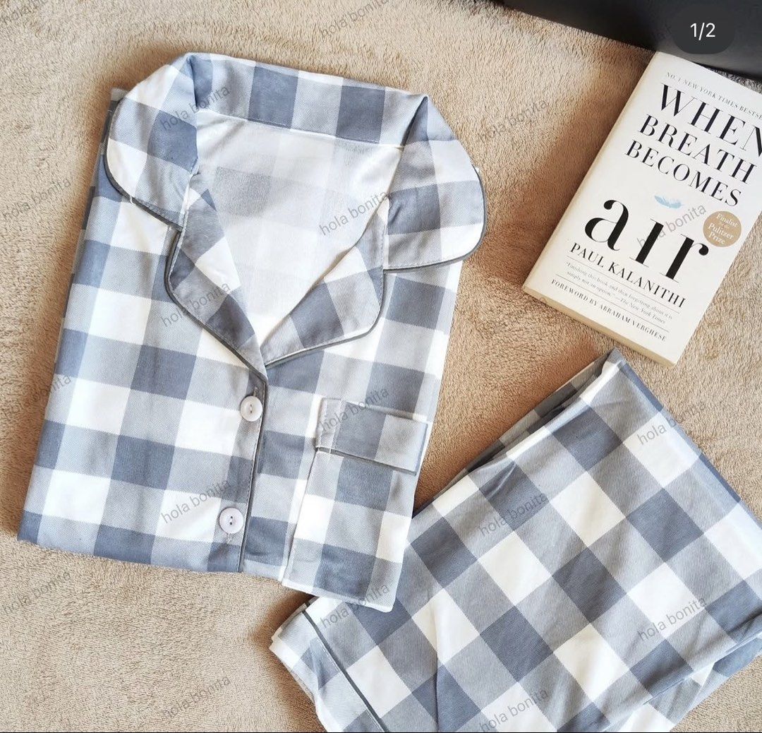 Blue and White Checkered Sleepwear Set (Category: Sets or Coordinates) located in Manila. Submitted by chavirly (Listing ID 1464714061, Image 1). Description: - Comfy blue and white checkered pajama set - Short-sleeve button-down top with collar and chest pocket - Matching soft lounge pants - Perfect for sleeping or relaxing at home - Soft and comfortable polycotton fabric - Perfect for extra-small to small body frame.
