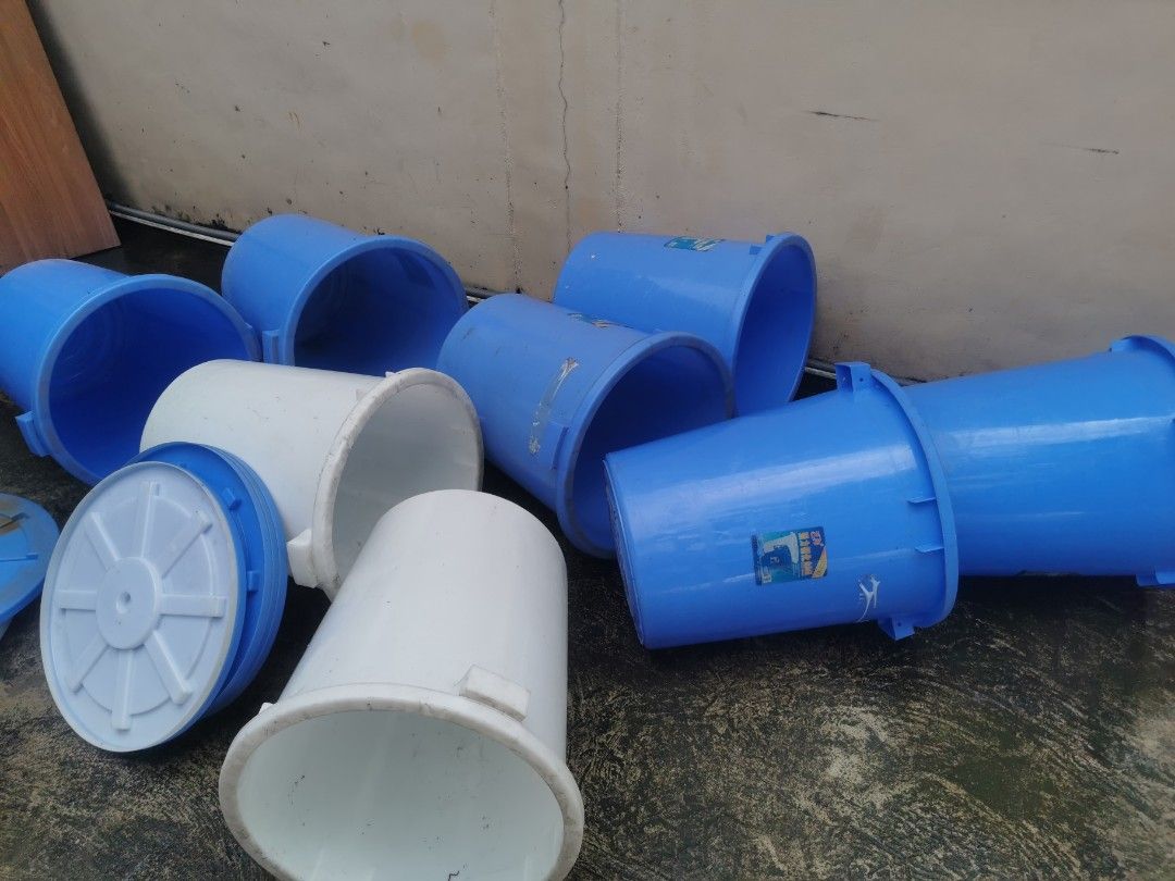 Blue and White Plastic Buckets, Black Grate, Storage Crates (Category: Storage Boxes & Baskets) located in Valenzuela. Submitted by jodoll (Listing ID 1464576298, Image 2). Description: - Bundle of assorted used plastic items - Includes blue and white buckets in various sizes (some with lids) - Comes with a black plastic grate - Stack of colorful storage crates (red, yellow, green, blue) - Ideal for storage, gardening, or organizing needs - Crate