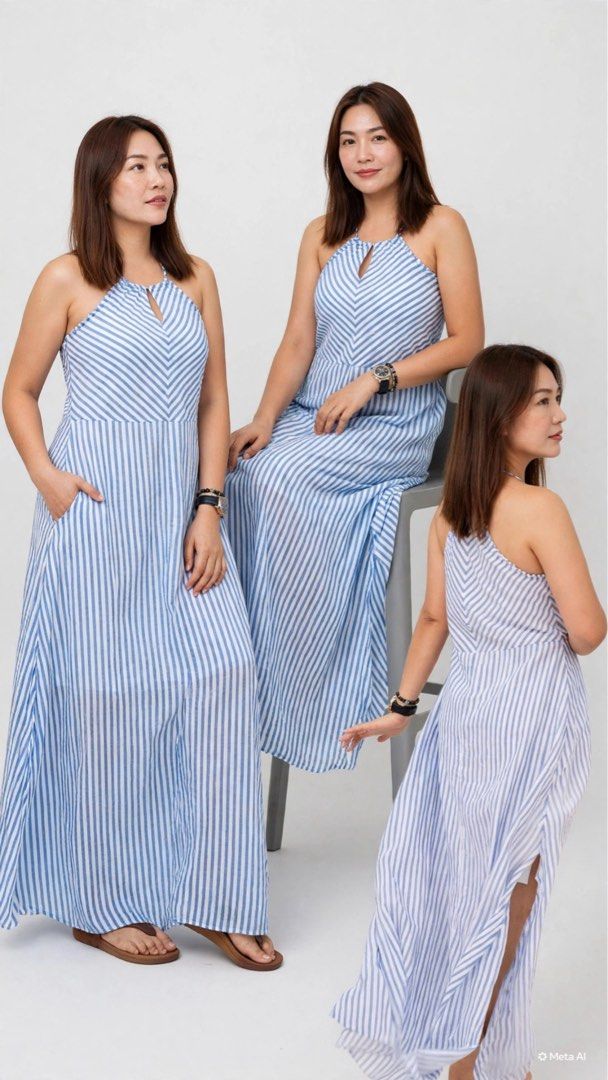 Blue and White Striped Maxi Dress (Category: Dresses) located in Manila. Submitted by kgdecluttercloset (Listing ID 1451034606, Image 1). Description: Blue and white vertical stripe print Halter neckline with keyhole detail Flattering fitted waist Flowing maxi-length skirt Side slit for ease of movement Lightweight and breathable fabric Excellent condition .