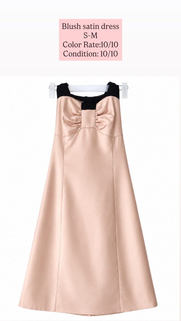 Blush satin dress S-M (Category: Dresses) located in Iloilo. Submitted by getnagetch (Listing ID 1464703190, Image 1). Description: - Color: Soft blush pink with contrasting black details - Size: S-M - Material: Smooth satin fabric with a slight sheen - Design: Clean lines, simple flared silhouette, and a chic bow accent at the bust - Occasion: Ideal for dinner dates, parties, and formal events - Condition: Ready to wear.