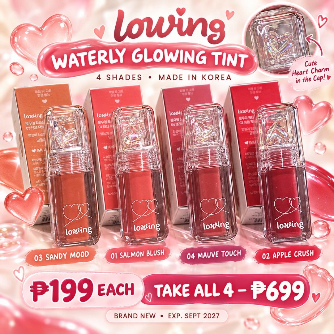 BNew lowing Waterly Glowing Tint (Category: Makeup) located in Manila. Submitted by smartluxeph (Listing ID 1464577742, Image 1). Description: 💗 TINT COLLECTION, SOLVED! 💗 Four wearable shades of lowing Waterly Glowing Tint—with a glossy, juicy finish and the cutest floating heart charm in every cap. ✨ 🍑 01 Salmon Blush 🍎 02 Apple Crush 🤎 03 Sandy Mood 🌹 04 Mauve Touch 🇰🇷 Made in Korea 📦 Brand-new and unused 📅 Expiry: September 2027 💄 