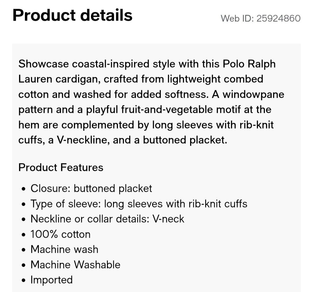 BNWT Ralph Lauren Windowpane Fruit & Veggie Cardigan (Category: Babies & Kids Fashion) located in Manila. Submitted by eveeven (Listing ID 1464636268, Image 3). Description: - Brand: Polo Ralph Lauren for girls XL (size 16) - Color: Cream with blue windowpane pattern - Design: V-neck, button front - Motif: Fun fruit and veggie detail at hem and cuffs - Material: 100% Cotton - Feel: Lightweight and soft - Style: Ideal for a coastal vibe.