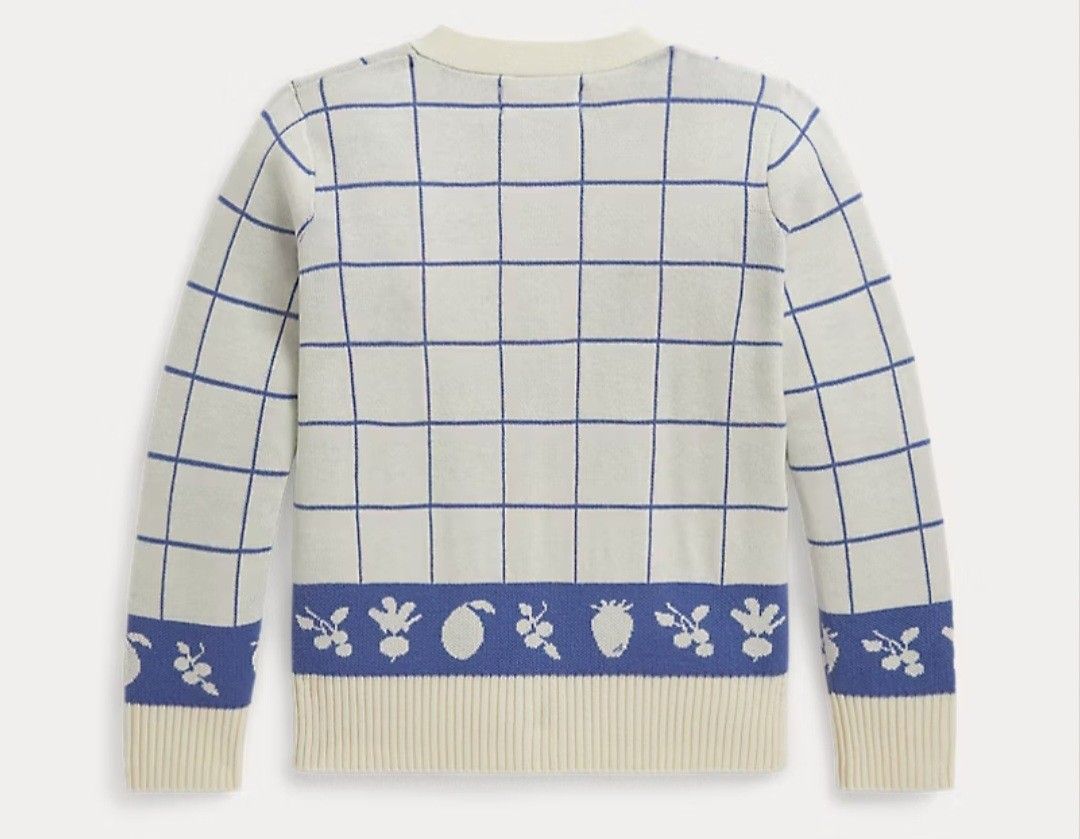 BNWT Ralph Lauren Windowpane Fruit & Veggie Cardigan (Category: Babies & Kids Fashion) located in Manila. Submitted by eveeven (Listing ID 1464636268, Image 2). Description: - Brand: Polo Ralph Lauren for girls XL (size 16) - Color: Cream with blue windowpane pattern - Design: V-neck, button front - Motif: Fun fruit and veggie detail at hem and cuffs - Material: 100% Cotton - Feel: Lightweight and soft - Style: Ideal for a coastal vibe.