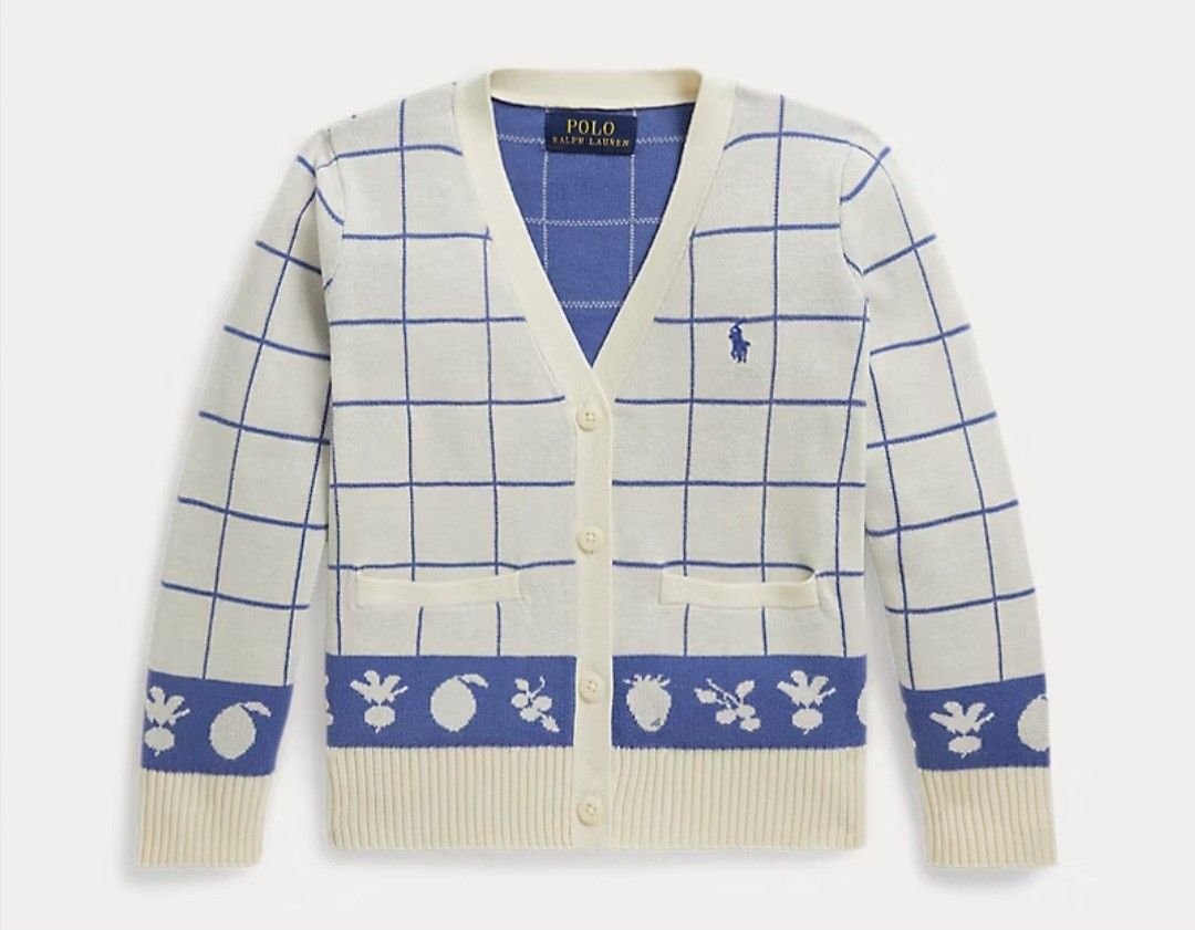 BNWT Ralph Lauren Windowpane Fruit & Veggie Cardigan (Category: Babies & Kids Fashion) located in Manila. Submitted by eveeven (Listing ID 1464636268, Image 1). Description: - Brand: Polo Ralph Lauren for girls XL (size 16) - Color: Cream with blue windowpane pattern - Design: V-neck, button front - Motif: Fun fruit and veggie detail at hem and cuffs - Material: 100% Cotton - Feel: Lightweight and soft - Style: Ideal for a coastal vibe.