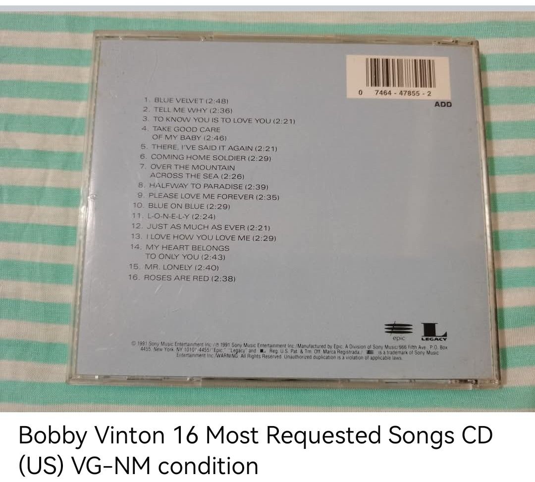 Bobby Vinton 16 Most Requested Songs CD (unsealed) (Category: CDs & DVDs) located in Dangcagan. Submitted by cd_haven5 (Listing ID 1464617925, Image 2). Description: #FORSALE #FORSALE #FORSALE #Authentic #Legit #Original We only sell original items. All items posted are on hand. Please message me for availability of the item/s because the items are also posted on my other online stores. All items are imported unless stated PH. We also accept Pre-