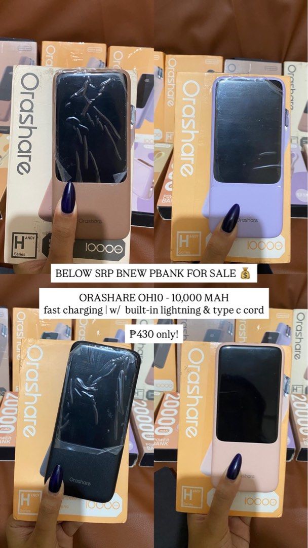 BRANDNEW ORASHARE POWERBANK FOR ANDROID AND IPHONE (Category: Batteries & Power Banks) located in Manila. Submitted by vin.eb (Listing ID 1464588648, Image 1). Description: BELOW SRP BNEW PBANK FOR SALE 💰 ORASHARE PCM20 - 20,000 MAH PD20W + SCP22.5W SUPER FAST CHARGER w/ built-in lightning & type c cord | very compact! ₱850 only! ORASHARE PCM30 - 30,000 MAH PD20W + SCP22.5W SUPER FAST CHARGER w/ built-in lightning & type c cord | very compact! ₱