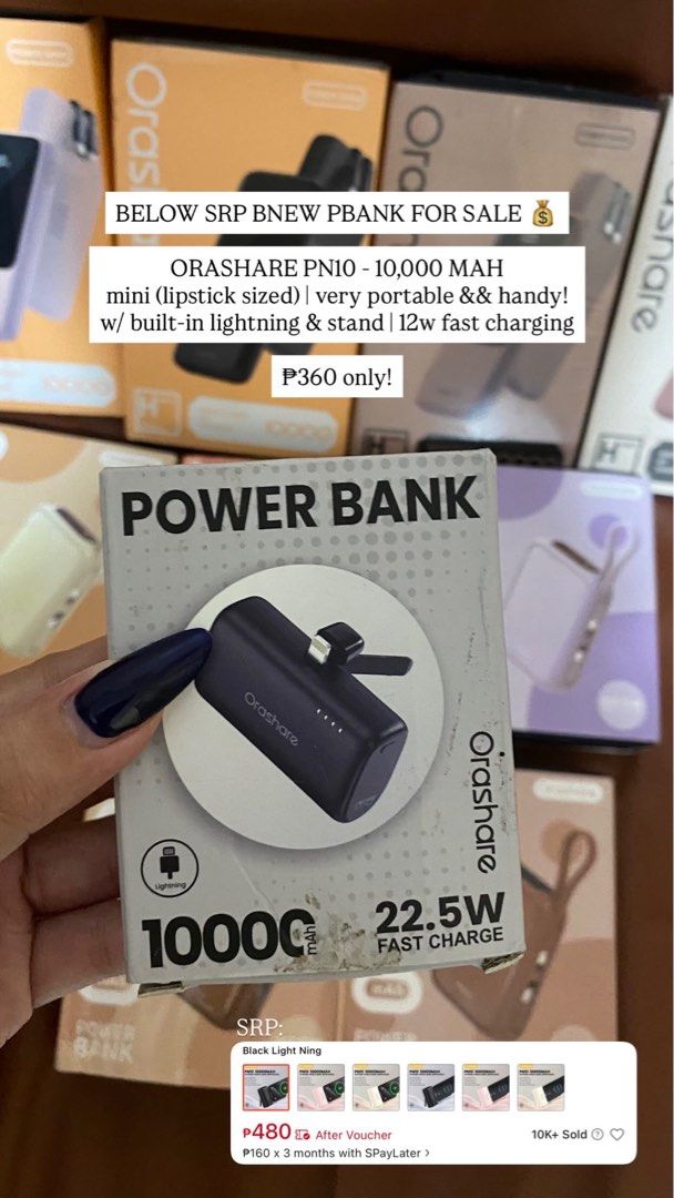 BRANDNEW ORASHARE POWERBANK FOR ANDROID AND IPHONE (Category: Batteries & Power Banks) located in Manila. Submitted by vin.eb (Listing ID 1464588648, Image 2). Description: BELOW SRP BNEW PBANK FOR SALE 💰 ORASHARE PCM20 - 20,000 MAH PD20W + SCP22.5W SUPER FAST CHARGER w/ built-in lightning & type c cord | very compact! ₱850 only! ORASHARE PCM30 - 30,000 MAH PD20W + SCP22.5W SUPER FAST CHARGER w/ built-in lightning & type c cord | very compact! ₱