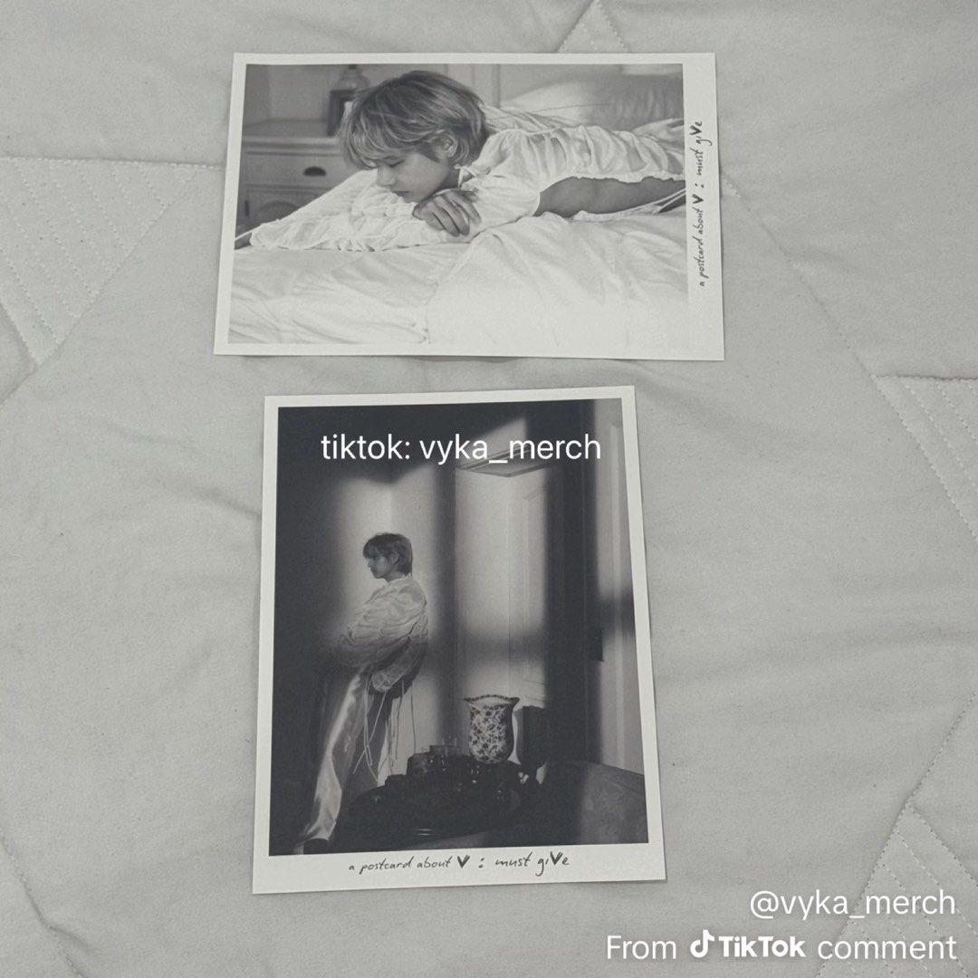 BTS V Postcard Set - 'A Postcard About V: Must Give' (Category: K-Wave Merchandise) located in Quezon City. Submitted by vyka_merch (Listing ID 1464615845, Image 1). Description: - 70 pesos each for BTS V photocards - From the 'A Postcard About V: Must Give' collection (VICON) - Rare and highly collectible items MOP: gotyme/gcash MOD: lalamove (sdd) / jnt.