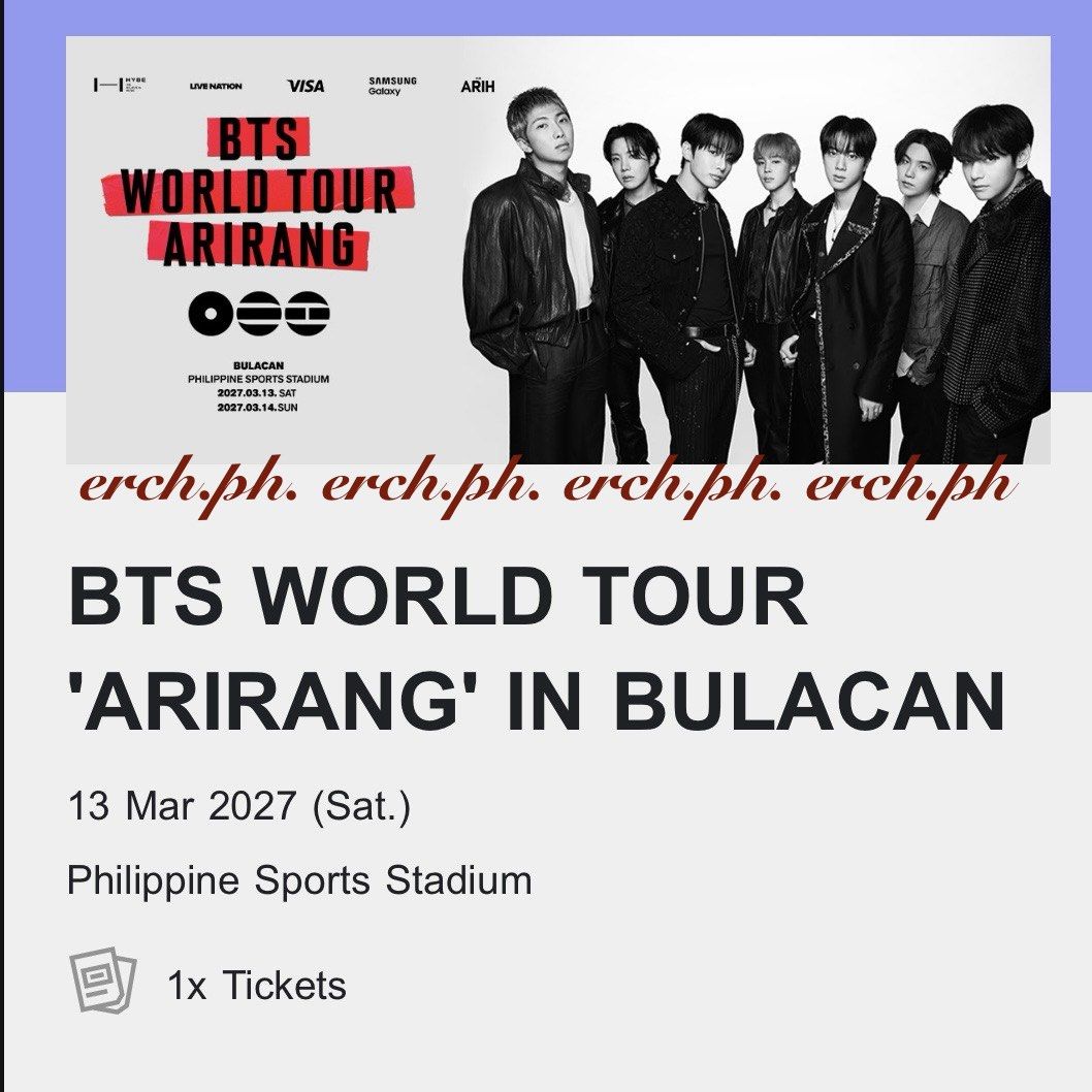 BTS World Tour “ARIRANG” in Bulacan - Day 1 (Category: Events Tickets) located in Bulacan. Submitted by erch.ph (Listing ID 1464663206, Image 1). Description: 🎟️ BTS ARIRANG TICKET in Bulacan (DAY 1) RFS: Need funds for my wisdom tooth surgery 🦷 Not selling at SRP — make me an offer! If you have nothing good to say scroll. Rude people back off. 📍 Calumpit Bulacan 🎫 1 Ticket only (Bleachers 2 208 Row 2) ❌ No companion it was 1 ticket only for 
