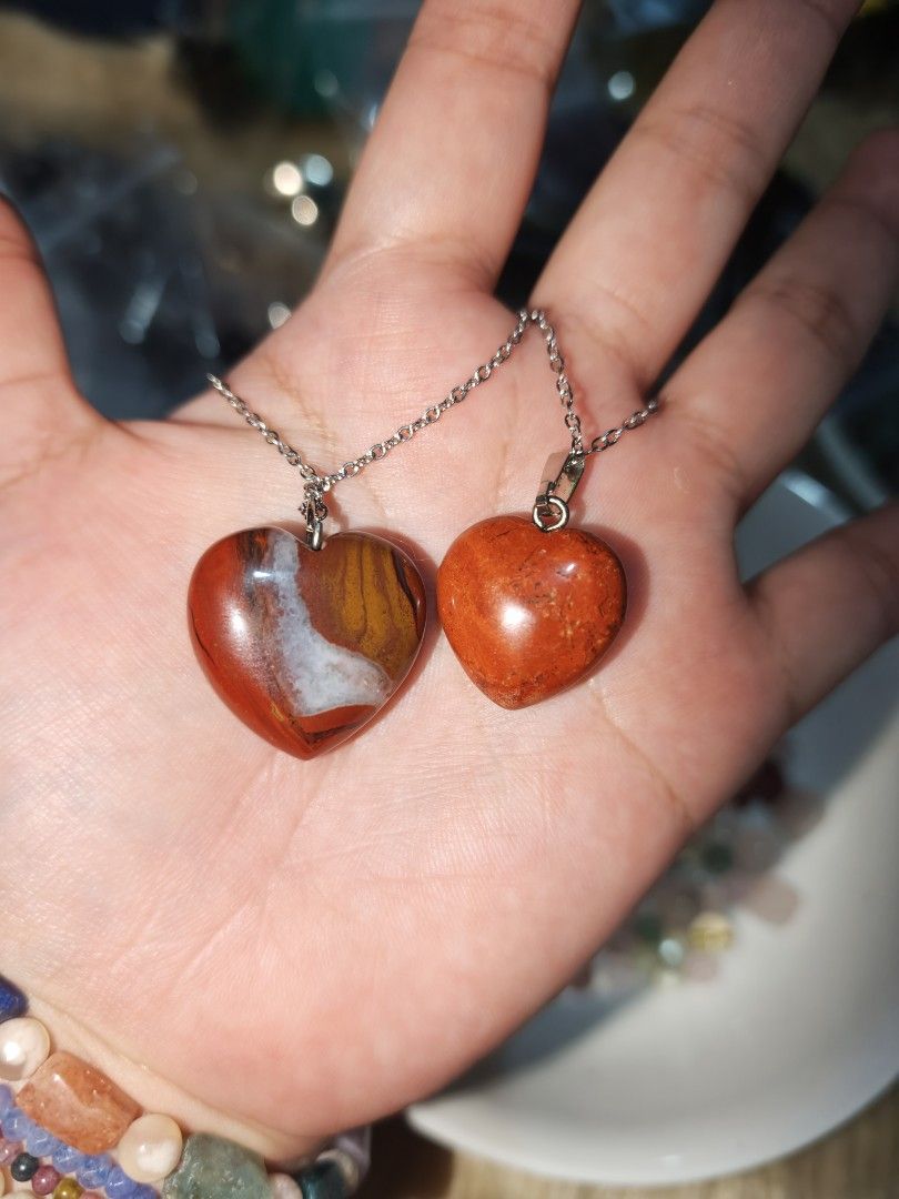 Bundle Necklace Red Jasper & Red Agate (Category: Necklaces) located in Quezon City. Submitted by piaoliangcollections.ph (Listing ID 1464736143, Image 1). Description: get this two lovely powerful crystal necklace for 2500. the small heart is Red Jasper. and Big heart is Red Agate. With silver Stainless chain. Red agate is a popular gemstone believed to provide grounding energy, emotional stability, and protection. Grounding Energy: It connects 