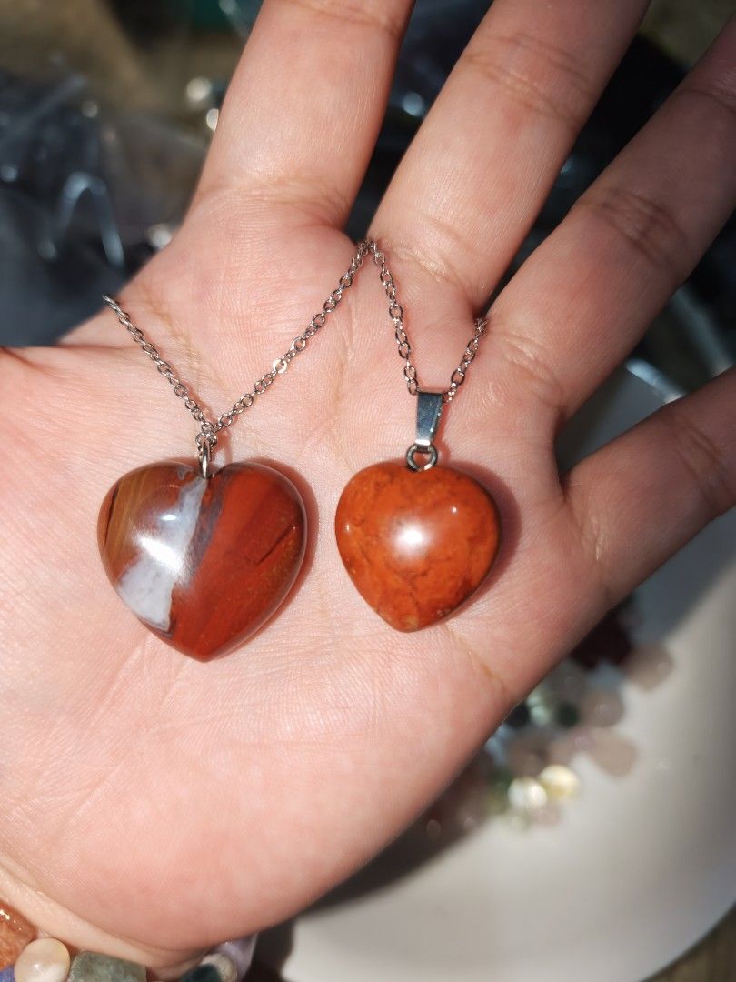 Bundle Necklace Red Jasper & Red Agate (Category: Necklaces) located in Quezon City. Submitted by piaoliangcollections.ph (Listing ID 1464736143, Image 2). Description: get this two lovely powerful crystal necklace for 2500. the small heart is Red Jasper. and Big heart is Red Agate. With silver Stainless chain. Red agate is a popular gemstone believed to provide grounding energy, emotional stability, and protection. Grounding Energy: It connects 