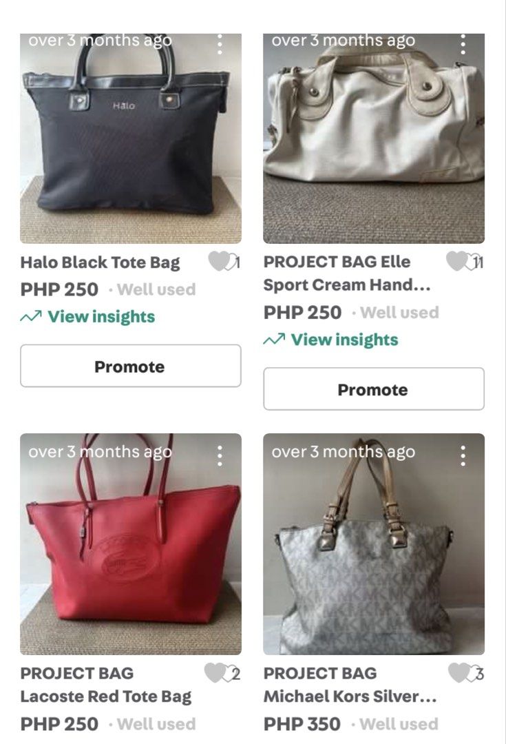 Bundle Project Bag (Category: Tote Bags) located in Tarlac. Submitted by wearagainboutique (Listing ID 1464736704, Image 1). Description: - Brand: Halo, Elle, Lacoste & Michael Kors - Project Bag - Pictures can check on my album .