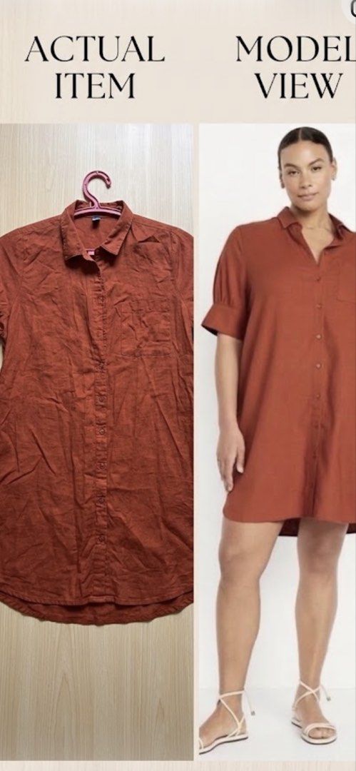 Button-down Linen Shirt Dress (Category: Dresses) located in Manila. Submitted by d.twins_18 (Listing ID 1464765154, Image 2). Description: - Style: Short sleeve button-down dress with a relaxed fit, classic collar, chest pocket, and curved hem - Material: Lightweight linen fabric, ideal for warm weather - Colors: Available in Off-White/Cream and Burnt Orange/Rust - Occasion: Perfect for daily wear, weekend outings, or beach trips - Price: Sold i