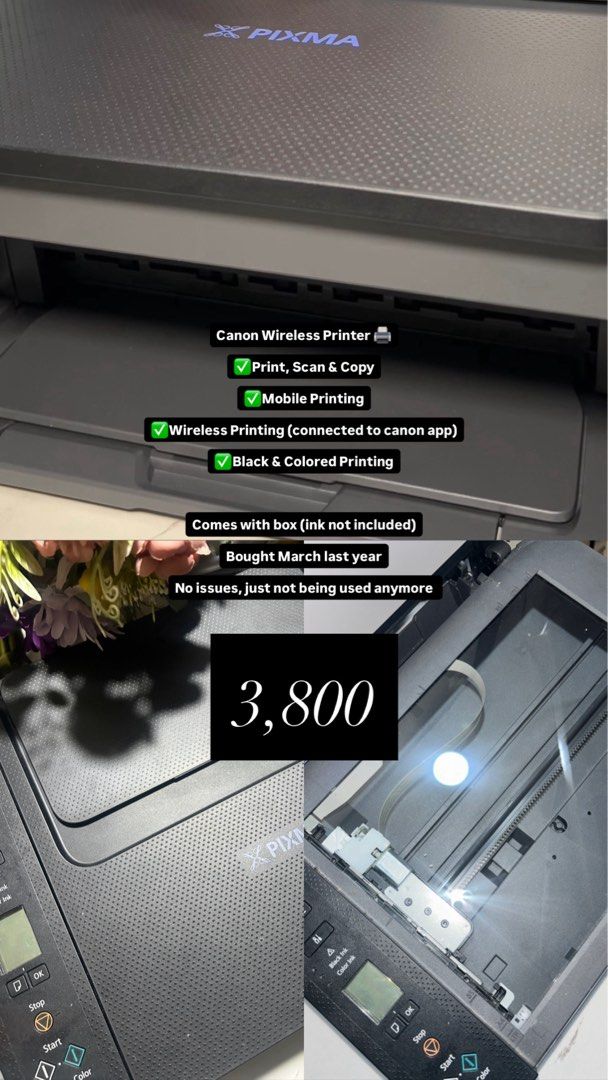 Canon PIXMA Wireless Printer - Print, Scan, Copy (Category: Printers, Scanners & Copiers) located in Pasig City. Submitted by angelicaaladin (Listing ID 1464631190, Image 1). Description: - Canon PIXMA Wireless Printer - Functions: Print, Scan, Copy (Black & Color) - Mobile Printing Support (Canon App) - Purchased: March last year - Includes: Original Box - Condition: No issues, lightly used.