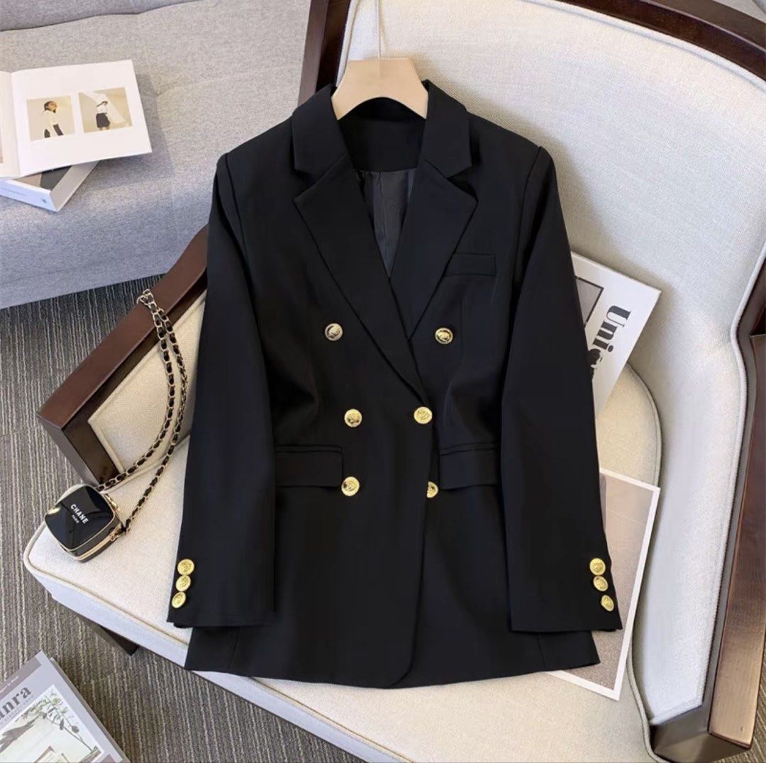 Carine Suit Classic Black Breasted Blazer (Category: Coats, Jackets and Outerwear) located in Navotas City. Submitted by kathyp10 (Listing ID 1464733227, Image 1). Description: - Brand: Carine Suit - Model: Classic Breasted Blazer - Color: Classic Black -Size: Small-Medium - Design: Double-breasted front with elegant gold tone buttons and structured lapels - Condition: Excellent, well-maintained - Versatility: Ideal for office wear, corporate mee