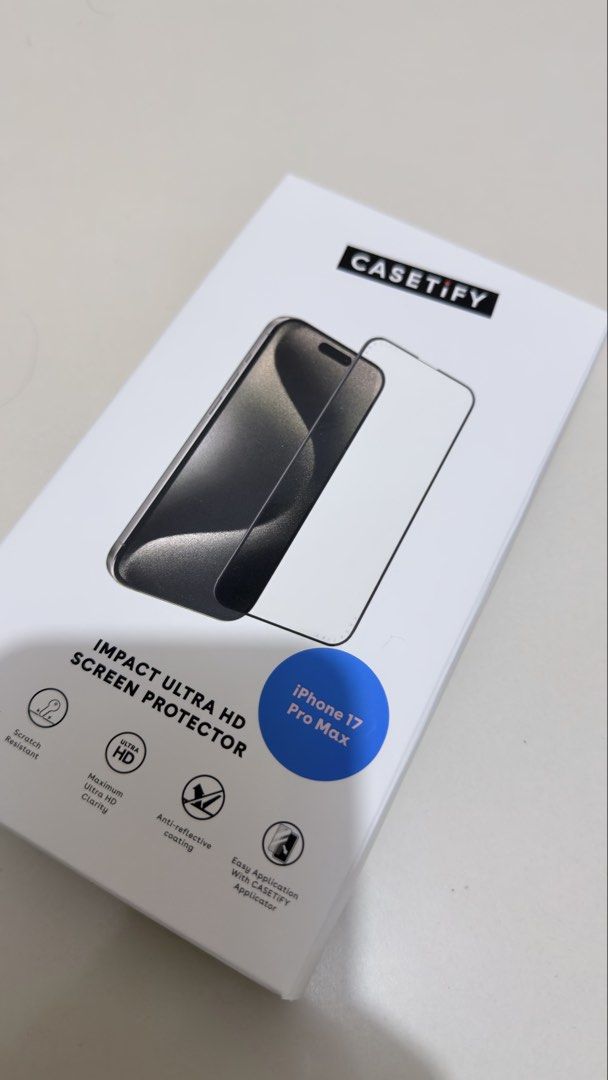 CASETiFY Impact Ultra HD Screen Protector for iPhone 17 Pro Max (Category: Cases & Sleeves) located in Las Pinas. Submitted by OnlineGadJe (Listing ID 1464589011, Image 1). Description: - Maximum Ultra HD Clarity for your iPhone 17 Pro Max - Superior Scratch Resistance to keep your screen pristine - Anti-Reflective Coating for reduced glare - Easy Application with included CASETiFY applicator - Designed specifically for iPhone 17 Pro Max.