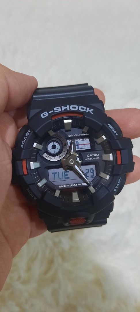 Casio G-Shock GA-700 Black and Red Watch (Category: Men's Watches) located in Taguig. Submitted by reni.gee (Listing ID 1464750160, Image 2). Description: **Please read** - Condition: Brand New - Inclusions: Original box, user manual, and international warranty card. Covered in soft, anti-dust cloth. -Date Purchased: Aug 2026 -Original Price: 7,920 Features: - Model: Casio G-Shock GA 700-1 ADR (Module 5522) - Design: Black resin strap with red in