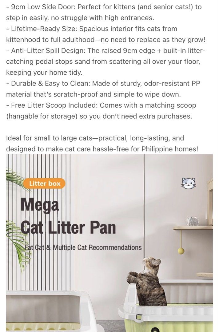 CAT Large capacity mega gray durable cat litter box (Category: Homes & Other Pet Accessories) located in Makati City. Submitted by closetsquad (Listing ID 1464587951, Image 2). Description: ☀️ GARAGE SALE! Brand new! 💖 RFS: Need funds for my cat 🌸 Discounts if buying 2 or more items ⬇️⬇️⬇️ PLS READ ⬇️⬇️⬇️ 🌺 NO returns / NO refunds / NO swaps 💸 MOP: BPI / GCASH only 🚚 80SF MM / 120 GMM & LUZ / 150 VISMIN 🛵 NO picking of courier / orange app 