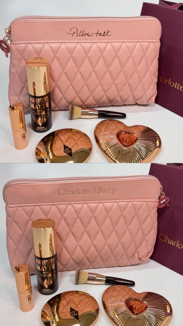Charlotte Tilbury Pillow Talk Makeup Set and Pouch (Category: Makeup) located in Cebu City. Submitted by kyeshamori24 (Listing ID 1464701535, Image 1). Description: - 100% Authentic Charlotte Tilbury Pillow Talk collection bundle - Iconic pink and rose gold matching theme - Includes quilted pink makeup pouch with signature lip zipper pulls - Full set features: Setting spray, compact powder, heart compact, lipstick, and makeup brush - Comes with a