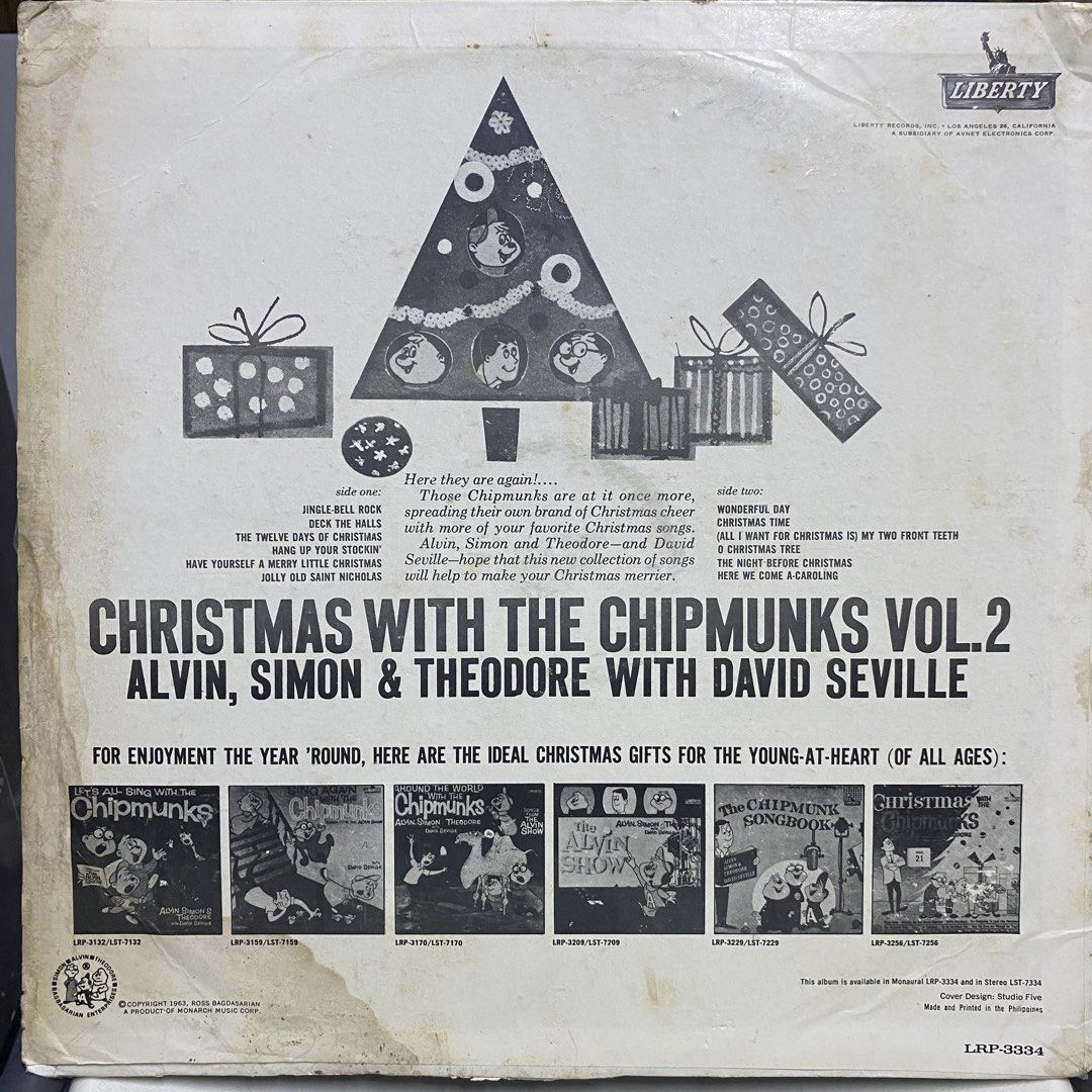 Christmas with The Chipmunks Vol 2 (Category: Vinyls) located in San Francisco. Submitted by holygrailrecordsphils (Listing ID 1464710985, Image 2). Description: ▶️ Alvin & The Chipmunks | Xmas Chipmunks (Vol 2) 🇵🇭 Ph Press 🖼 VG- (orig cover) 💿 Excellent 💵 1290 .