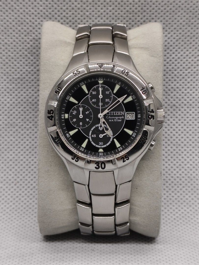 Citizen Quartz Chronograph (Category: Men's Watches) located in Pasig City. Submitted by timepiece-and-co (Listing ID 1464662150, Image 1). Description: Key Technical Specifications Movement: Citizen Caliber 0510 Quartz movement. Water Resistance: 10 Bar (equivalent to 100 meters / WR 100). Dial Features: Features a black dial with three chronograph sub-dials (60-minute register at 12, 12-hour register at 9, and running sub-seconds at 6) alongsid