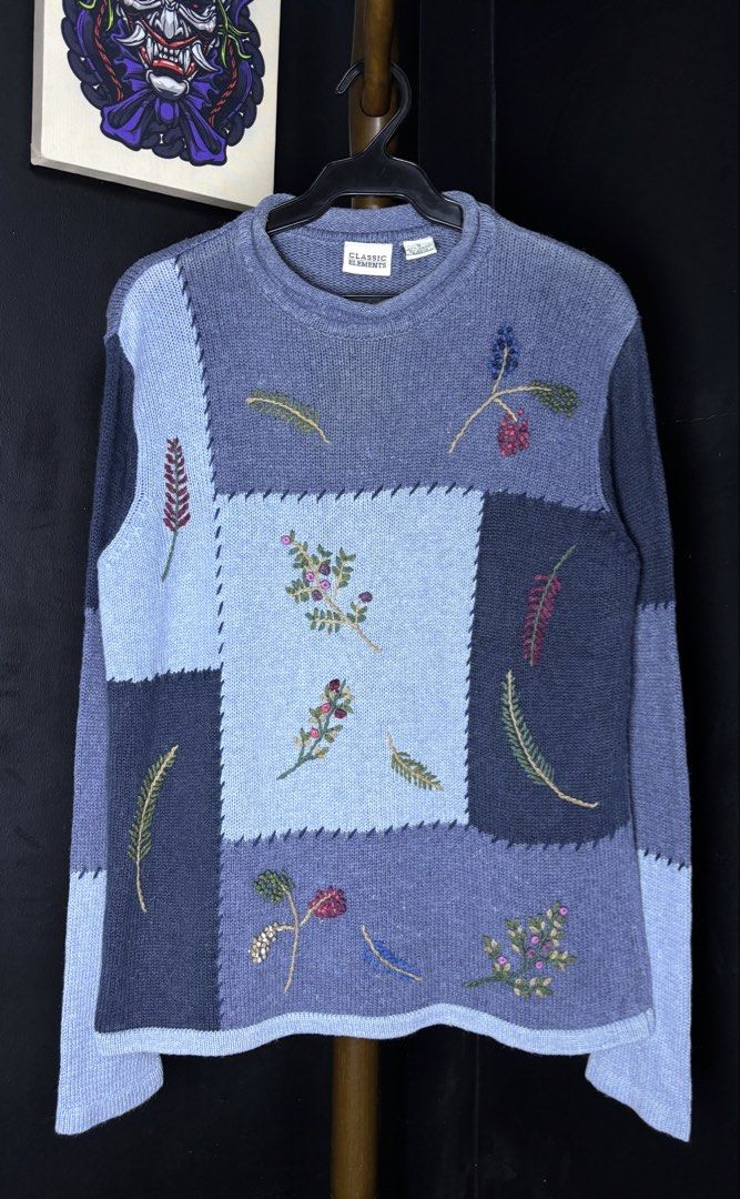Classic Elements Patchwork Embroidered Sweater Size S (Category: Coats, Jackets and Outerwear) located in Bacoor. Submitted by calvinmanzano13 (Listing ID 1464571232, Image 1). Description: - L = 24” | W = 19.5” - Unique blue patchwork sweater - Features embroidered floral and leaf details - Made from a comfortable cotton and ramie blend - Long sleeves and crew neck design - Ideal for a casual and cozy look Notes: ☑️ Hand washed ☑️ Polished ☑️ St