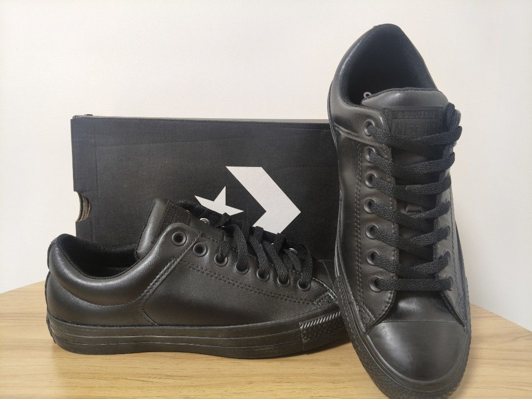 Converse All Star Black Leather Sneakers with Box (Category: Casual Shoes) located in Pasay City. Submitted by mjsumaribo16585 (Listing ID 1464714293, Image 1). Description: -100% original - Style: All-black Converse leather sneakers (Low top) - Design: Totally monochrome with matching black laces and classic rubber toe caps - Condition: Pristine, zero scuffs, no creasing, and clean soles - Packaging: Includes original black and white Converse sh