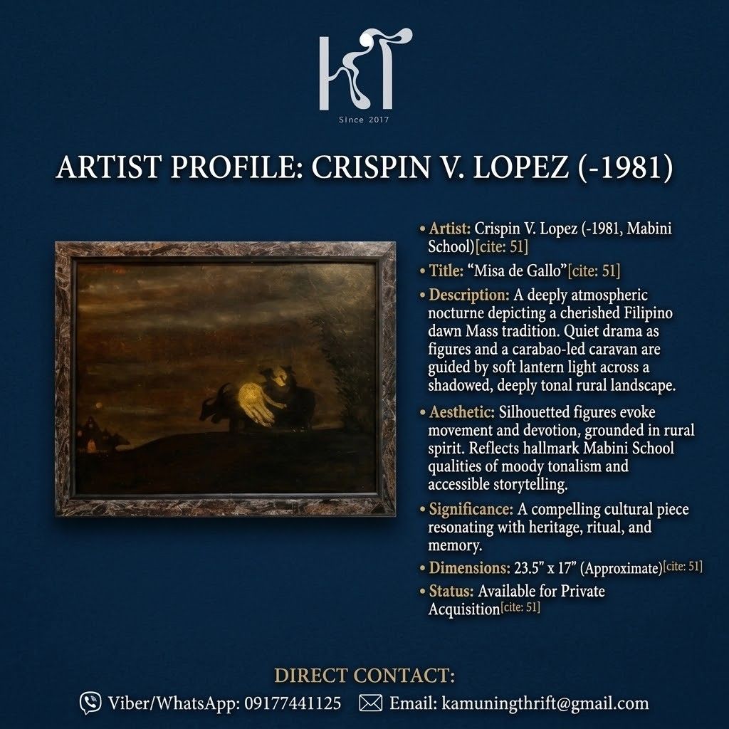 Crispin V. Lopez(Mabini Artist -1981 ) (Category: Luxury Accessories) located in Quezon City. Submitted by kt_exchange (Listing ID 1459293536, Image 1). Description: Crispin V. Lopez(Mabini Artist -1981 “Misa de Gallo” A deeply atmospheric depiction of a cherished Filipino tradition, this work by Crispin V. Lopez captures the quiet drama of Misa de Gallo—figures gathering in the early dawn, guided by soft light across a shadowed landscape. The si