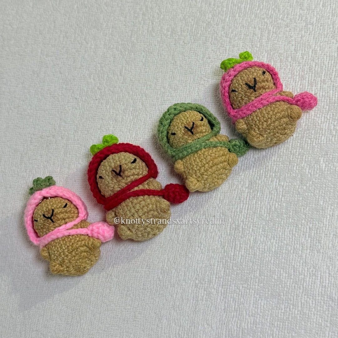 Crocheted ‘Capybara’ Keychain (Category: Handmade Craft) located in Angeles City. Submitted by knottystrands (Listing ID 1464674290, Image 2). Description: Crocheted Keychains | Made to Order✨ Starting price - ₱100 Perfect as a bag charm, keychain, souvenir, or little gift for yourself, friends, or loved ones. 🤍 📌 Customized designs available 📦 Nationwide shipping 💌 Open for customized & bulk orders Message us to order or inquire! ✨ .