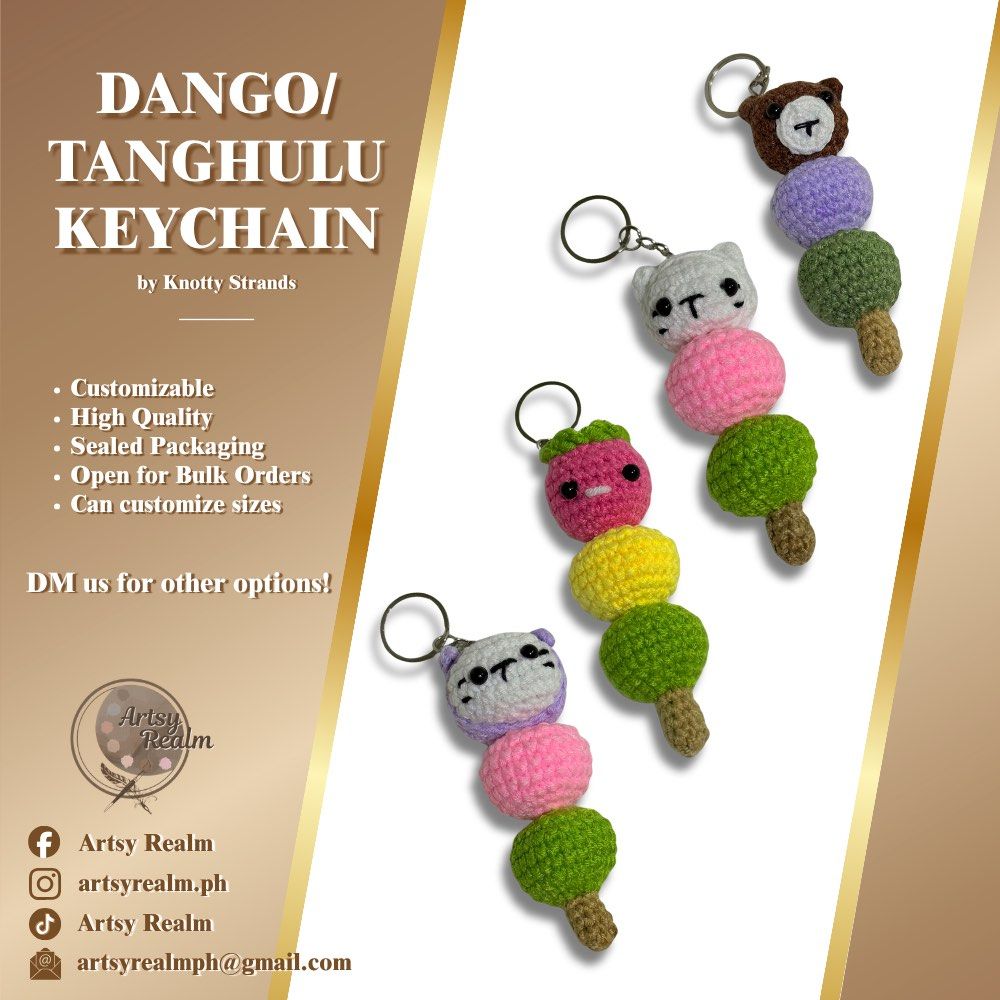 Crocheted ‘Dango/Tanghulu’ Keychain (Category: Handmade Craft) located in Angeles City. Submitted by knottystrands (Listing ID 1464673818, Image 1). Description: Crocheted Keychains | Made to Order✨ Starting price - ₱90 Perfect as a bag charm, keychain, souvenir, or little gift for yourself, friends, or loved ones. 🤍 📌 Customized designs available 📦 Nationwide shipping 💌 Open for customized & bulk orders Message us to order or inquire! ✨ .