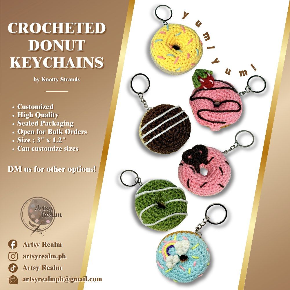 Crocheted ‘Donut’ Keychain (Category: Handmade Craft) located in Angeles City. Submitted by knottystrands (Listing ID 1464674073, Image 1). Description: Crocheted Keychains | Made to Order✨ Starting price - ₱90 Perfect as a bag charm, keychain, souvenir, or little gift for yourself, friends, or loved ones. 🤍 📌 Customized designs available 📦 Nationwide shipping 💌 Open for customized & bulk orders Message us to order or inquire! ✨ .