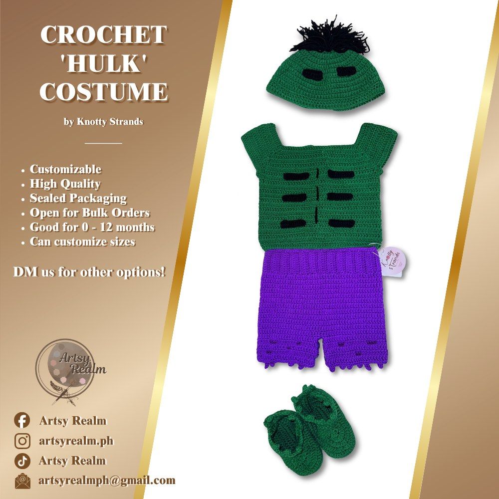 Crocheted ‘Hulk’ Baby Costume (Category: Babies & Kids Fashion) located in Angeles City. Submitted by knottystrands (Listing ID 1464672639, Image 1). Description: Crocheted Baby Costumes | Made to Order ✨ Starting price for 0-3 months - ₱850 Perfect for babies 0–12 months old, with customized sizes available for older ages. 🤍 📌 Customized designs & sizes 📦 Nationwide shipping 💌 Open for customized & bulk orders Message us to order or inquire!